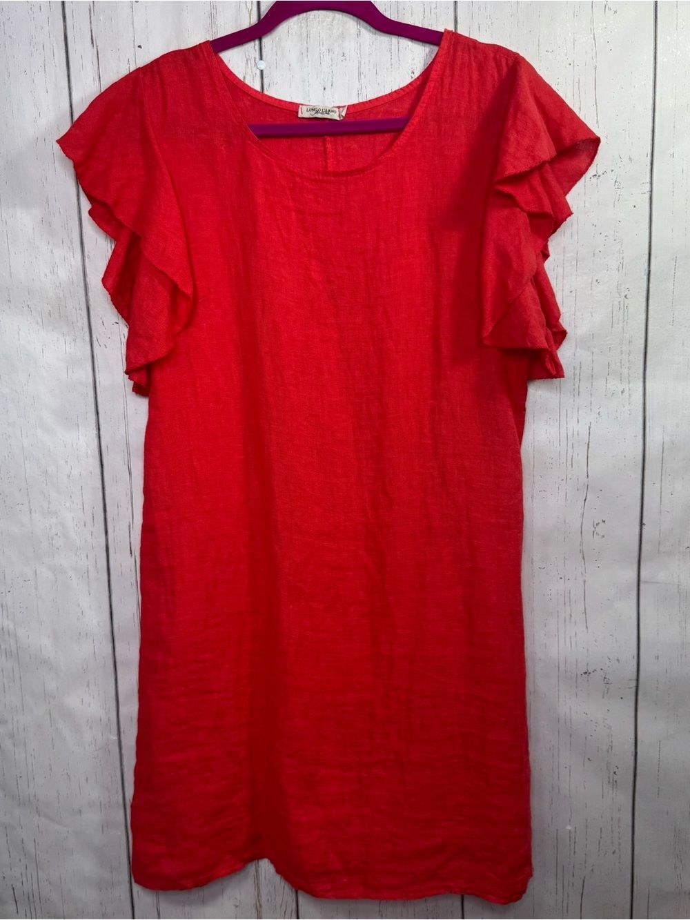 Lungo Larno Red Linen Dress Size M Ruffle Sleeve Made In Italy Lagenlook Resort